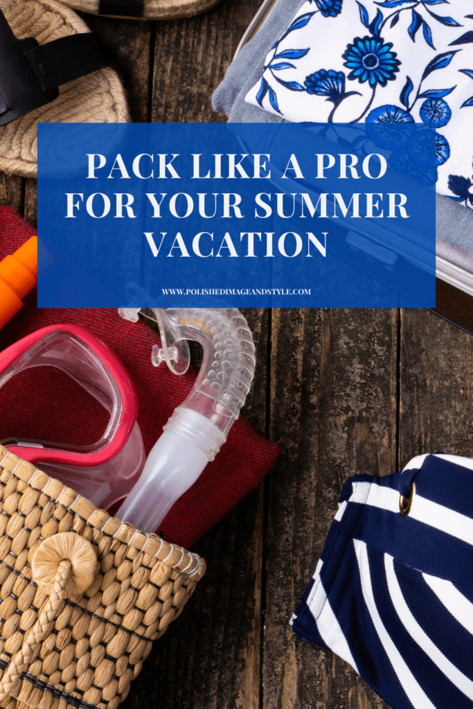 A suitcase sits open full of summer vacation items. 