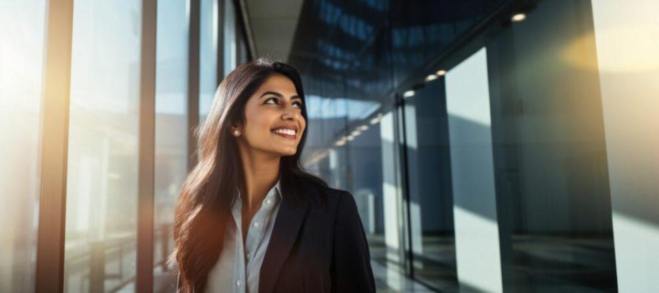 Woman looks up to the left while smiling in a corporate outfit. 