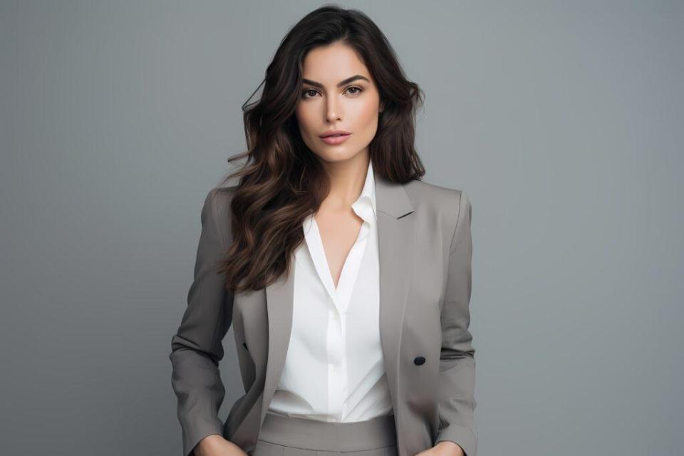 A beautiful and confident young female model wearing a power suit, showcasing professionalism and empowerment, against a solid light gray background.